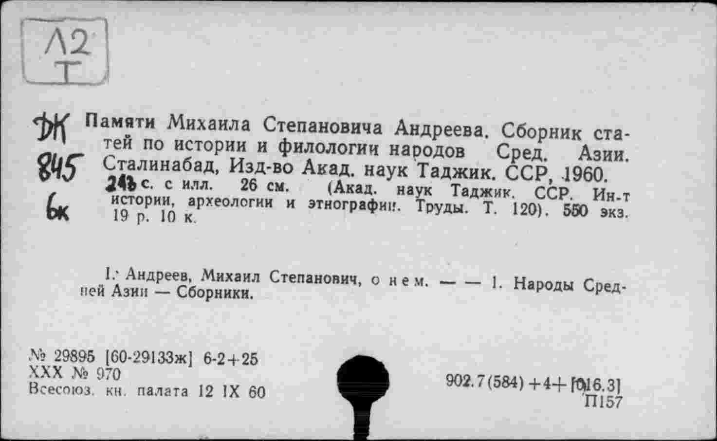 ﻿/\2
Памяти Михаила Степановича Андреева. Сборник ста-’ т„еи по истории и филологии народов Сред Азии 6^5 2™линабад, Изд-во Акад, наук Таджик. ССР, I960.
2ПС- с илл. 26 см. (Акад, наук Таджик. ССР Ин т Г истории, археологии и этнографии. Труды. Т. 120). 550 экз. 1	• 1(J К.
1.-Андреев Михаил Степанович, о н е м.-------1. Народы Сред
ней Азии — Сборники.	к и
№ 29895 [60-29133ж] 6-2 + 25
XXX № 970
Всесоюз. кн. палата 12 IX 60
902.7(584)+4+КМб.З]
П157